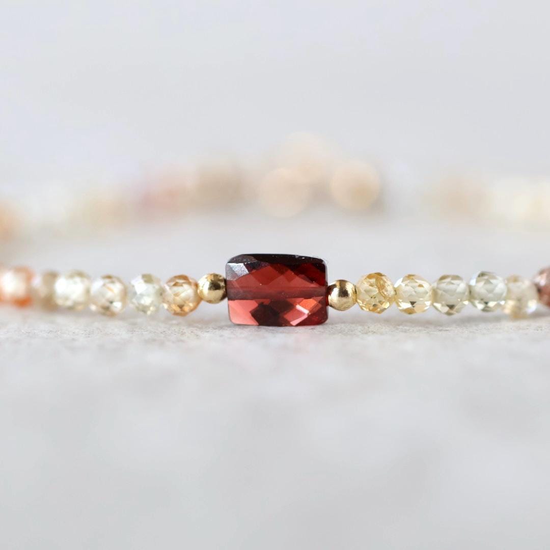 Tiny Zircon Bracelet Dainty Garnet Gemstone Beaded Bracelet Sparkly Crystal Jewelry Minimalist January Birthstone Birthday Gift for Women