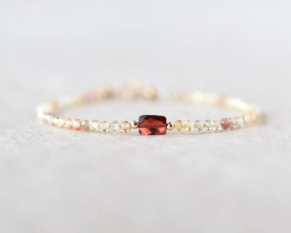 Tiny Zircon Bracelet Dainty Garnet Gemstone Beaded Bracelet Sparkly Crystal Jewelry Minimalist January Birthstone Birthday Gift for Women