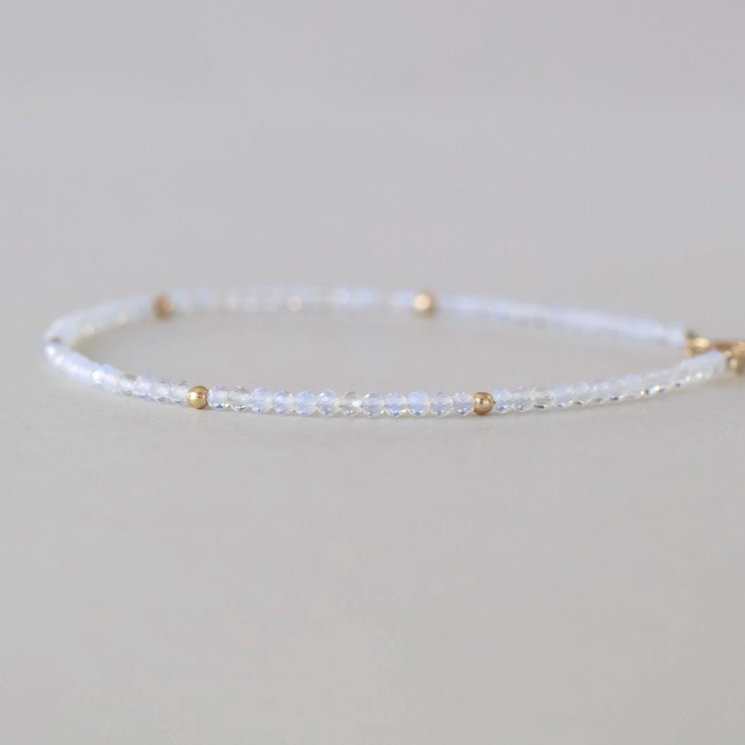 Tiny Opalite Bracelet Dainty Gemstone Beaded Minimalist Opal Jewelry Sparkly October Birthstone Mom Birthday Gift 14th Anniversary Wife Mom