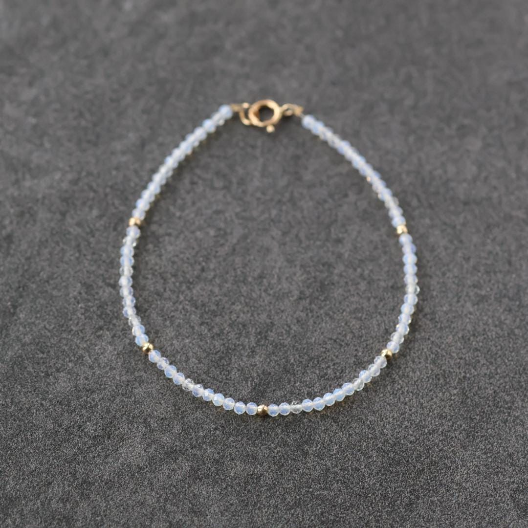 Tiny Opalite Bracelet Dainty Gemstone Beaded Minimalist Opal Jewelry Sparkly October Birthstone Mom Birthday Gift 14th Anniversary Wife Mom