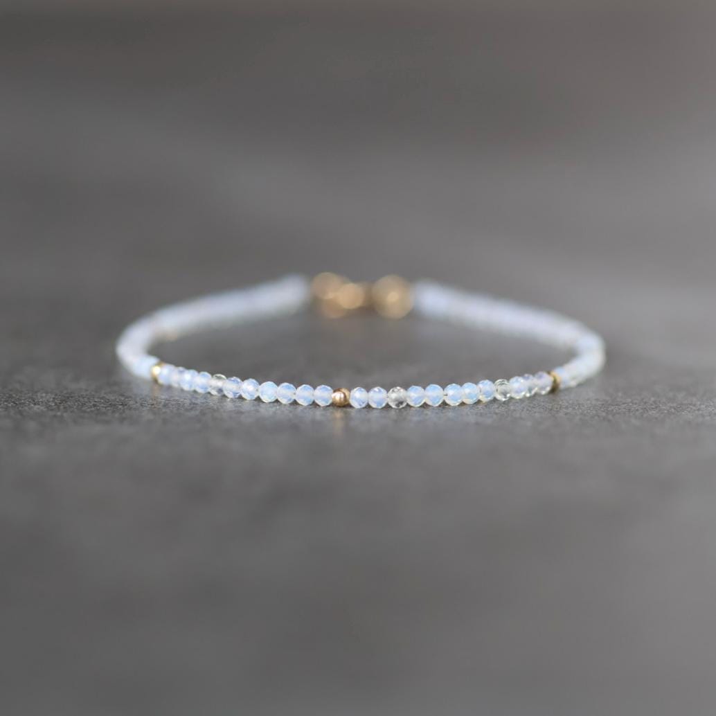 Tiny Opalite Bracelet Dainty Gemstone Beaded Minimalist Opal Jewelry Sparkly October Birthstone Mom Birthday Gift 14th Anniversary Wife Mom