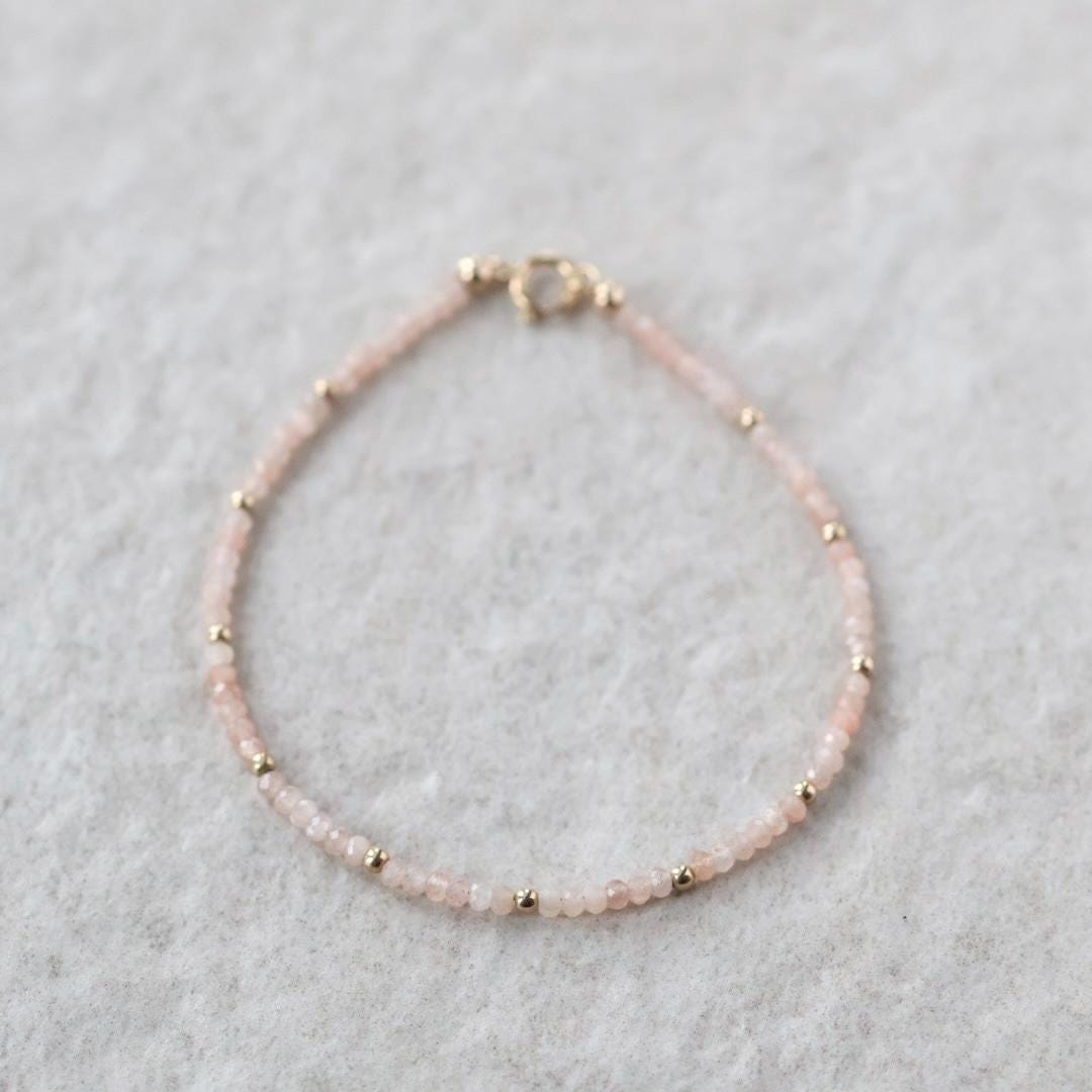 Tiny Peach Moonstone Bracelet Dainty Gemstone Beaded Jewelry Minimalist June Birthstone Birthday Gift for Women Mom Wife Friend Daughter