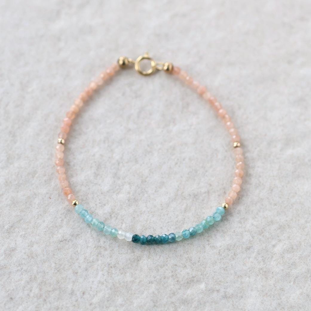 Tiny Grandidierite Bracelet Dainty Peach Moonstone Gemstone Bead Bracelet Crystal Jewelry Minimalist Birthday Gift for Women June Birthstone