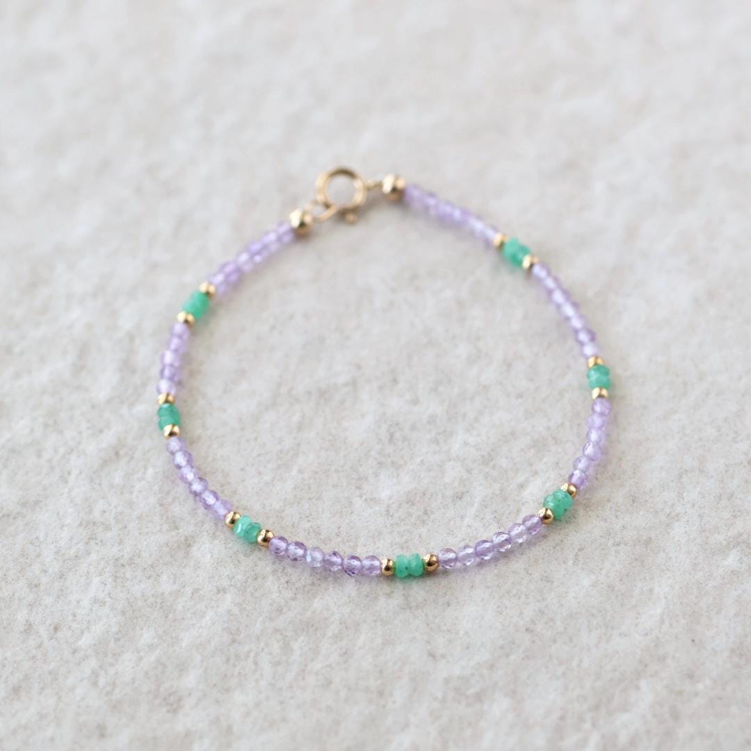 Tiny Amethyst Bracelet Dainty Colombian Emerald Gold Filled Beaded Bracelet Crystal Jewelry February Birthstone Birthday Gift Mom Wife