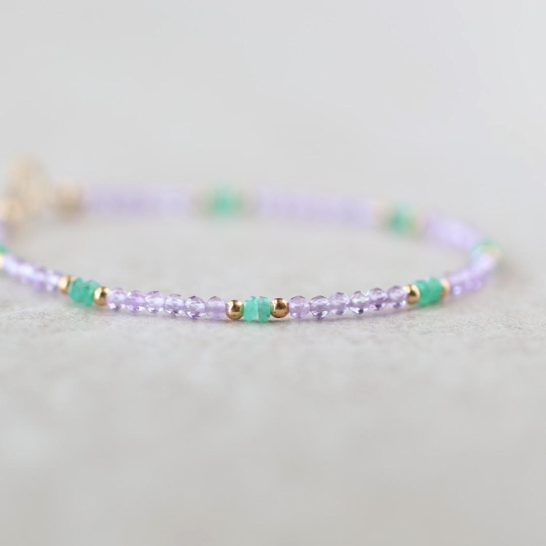Tiny Amethyst Bracelet Dainty Colombian Emerald Gold Filled Beaded Bracelet Crystal Jewelry February Birthstone Birthday Gift Mom Wife