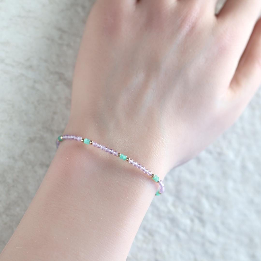 Tiny Amethyst Bracelet Dainty Colombian Emerald Gold Filled Beaded Bracelet Crystal Jewelry February Birthstone Birthday Gift Mom Wife