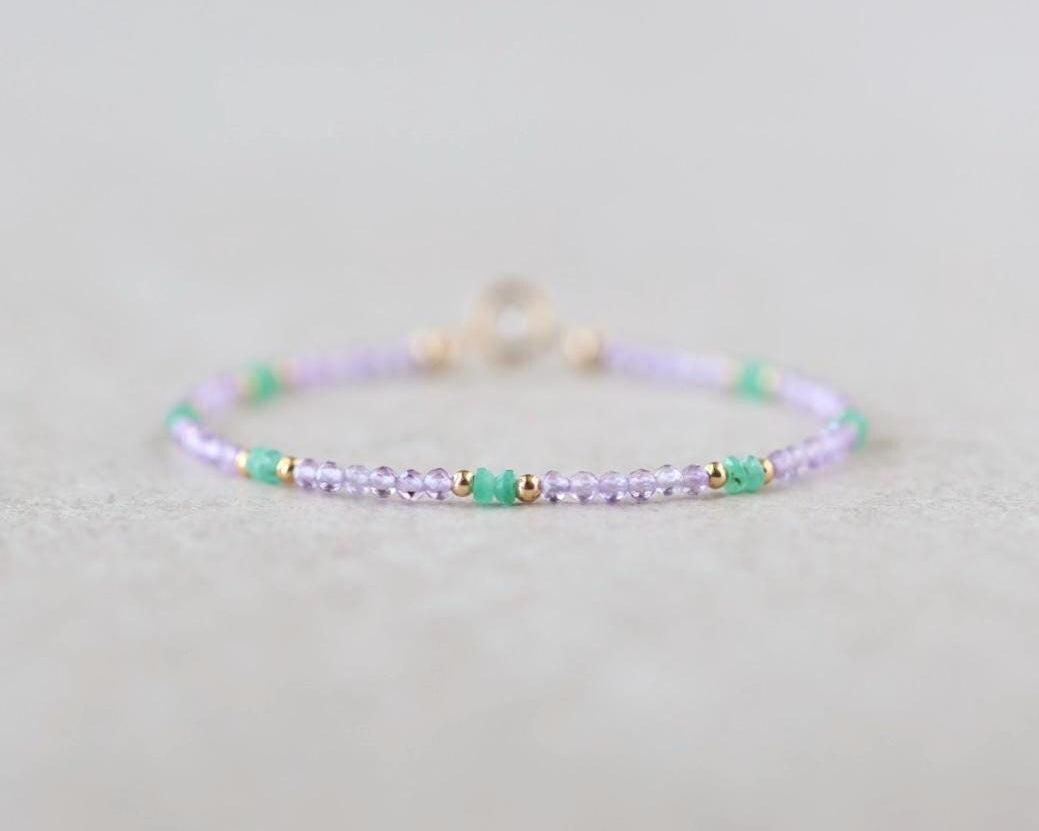 Tiny Amethyst Bracelet Dainty Colombian Emerald Gold Filled Beaded Bracelet Crystal Jewelry February Birthstone Birthday Gift Mom Wife