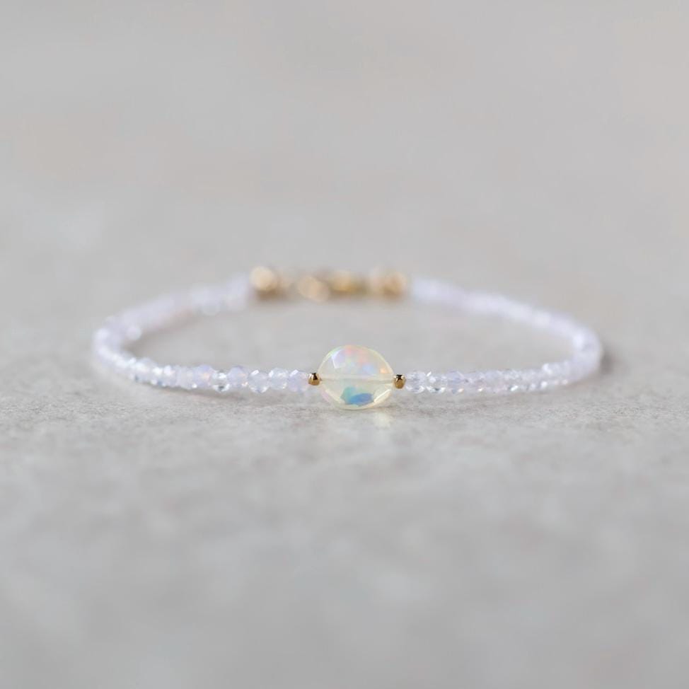 Tiny Opal Bracelet Dainty Gemstone Beaded Jewelry Minimalist Purple Opal Stacking Bracelet Skinny October Birthstone Gift Bridesmaid