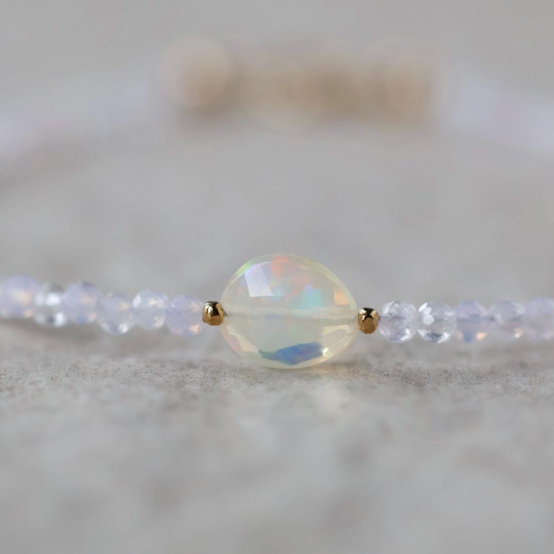 Tiny Opal Bracelet Dainty Gemstone Beaded Jewelry Minimalist Purple Opal Stacking Bracelet Skinny October Birthstone Gift Bridesmaid