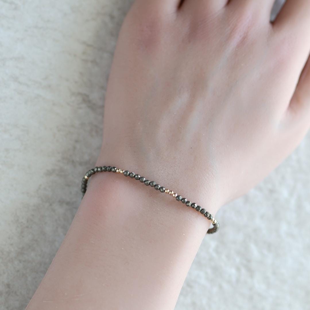 Tiny Pyrite Bracelet Dainty Sparkly Gemstone Beaded Bracelet Minimalist Jewelry Crystal Protection Bracelet Birthday Gift for Women Wife Mom