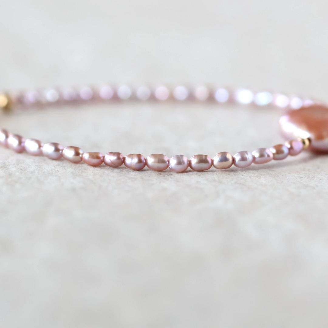 Natural Pink Pearl Bracelet Dainty Rice Shape Small Pearl Beads Minimalist Bridal Jewelry June Birthstone Birthday Gift 30th Anniversary