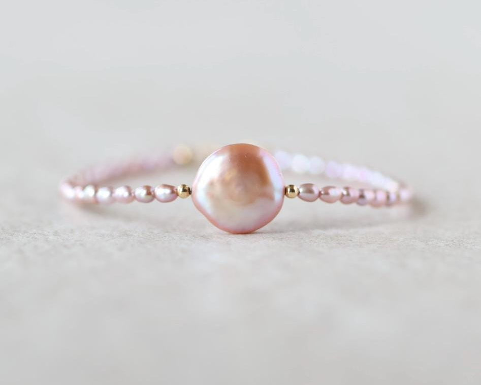 Natural Pink Pearl Bracelet Dainty Rice Shape Small Pearl Beads Minimalist Bridal Jewelry June Birthstone Birthday Gift 30th Anniversary