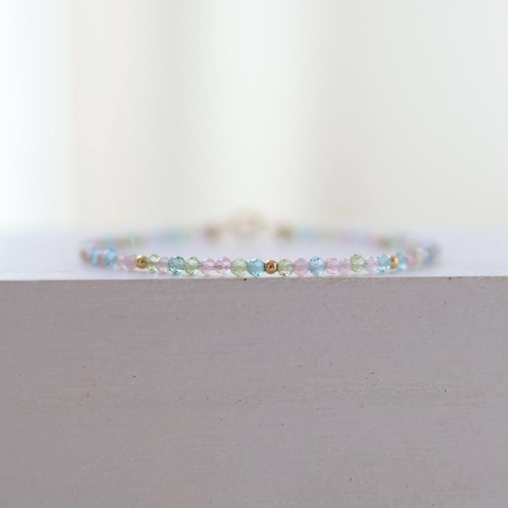 Tiny Pastel Bracelet Dainty Gemstone Beaded Jewelry Minimalist Crystal Bracelet Rose Quartz Apatite Peridot Birthday Gift Niece Daughter