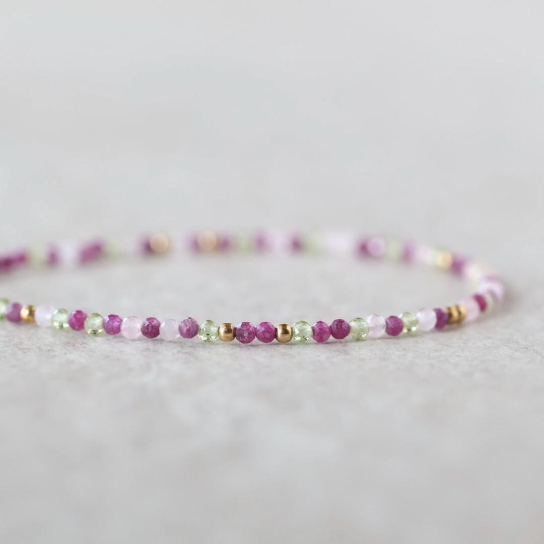 Tiny Ruby Bracelet Dainty Gemstone Beaded Jewelry Minimalist Crystal Bracelet Gold Filled Rose Quartz Peridot Birthday Gift Mom Wife