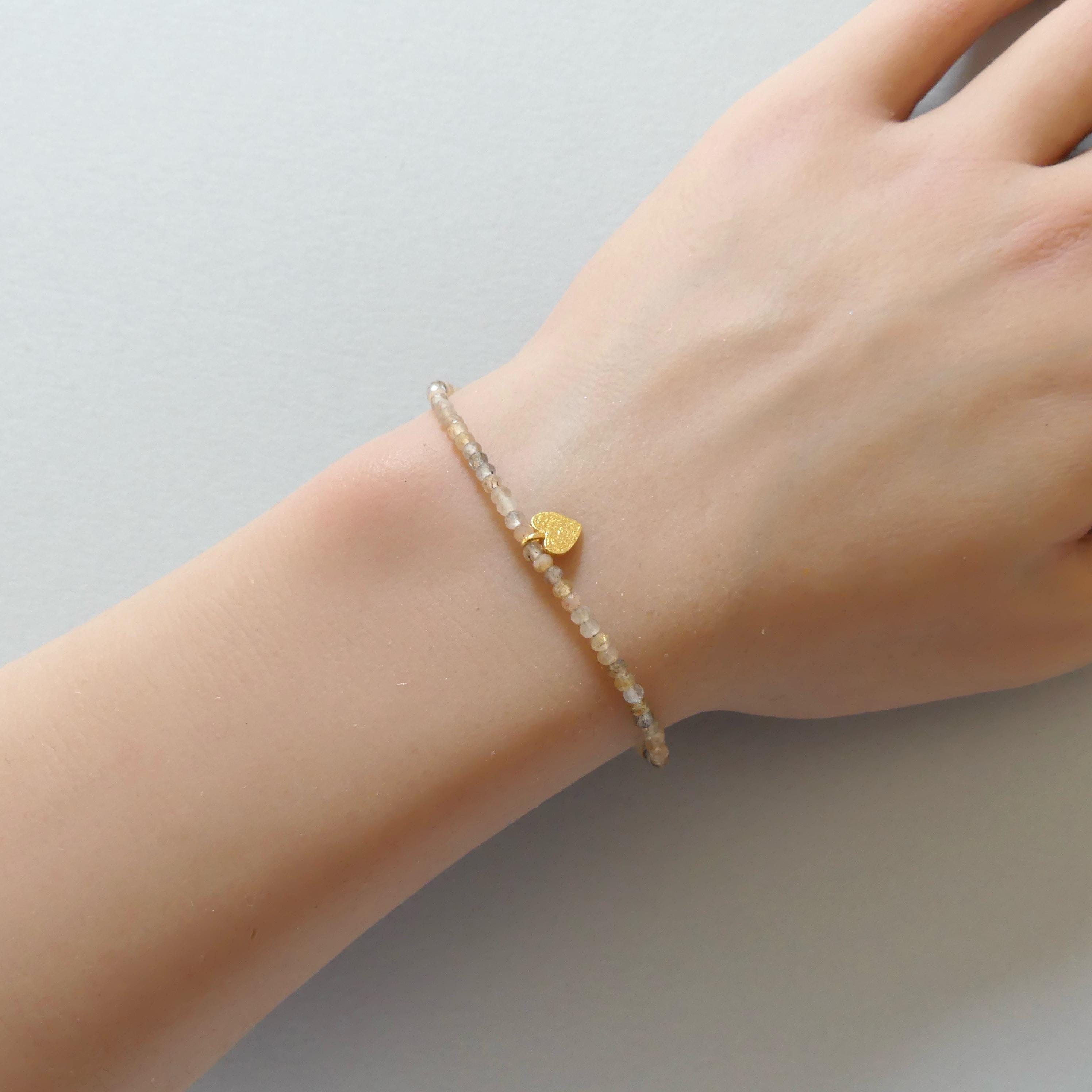 Tiny Sunstone and Moonstone Bracelet with Heart Charm