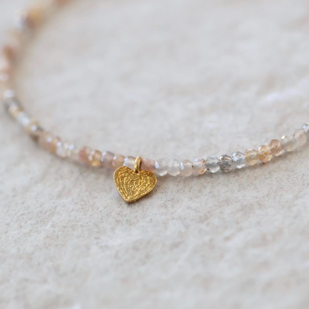 Tiny Sunstone and Moonstone Bracelet with Heart Charm