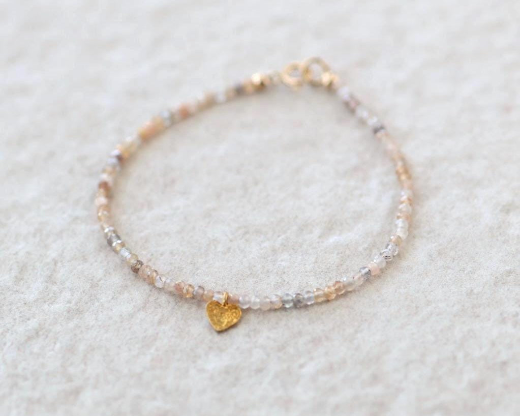Tiny Sunstone and Moonstone Bracelet with Heart Charm