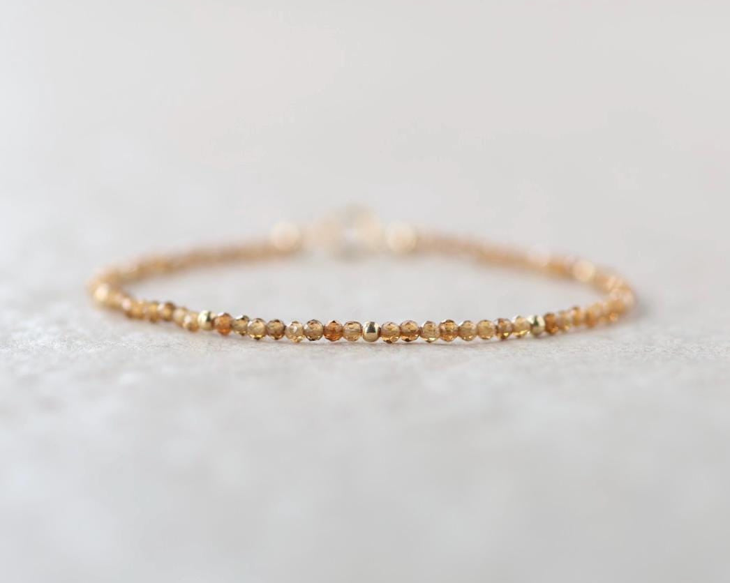 Tiny Topazolite Bracelet Dainty Yellow Garnet Beaded Bracelet Gold Filled Minimalist Jewelry Birthday Gift Christmas Mom Wife Daughter