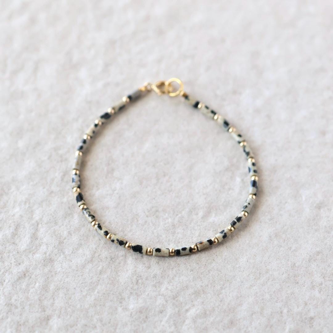 Tiny Dalmatian Jasper Bracelet Dainty Spotted Jasper Gemstone Beaded Bracelet Trendy Crystal Jewelry Minimalist Birthday for Women Sister