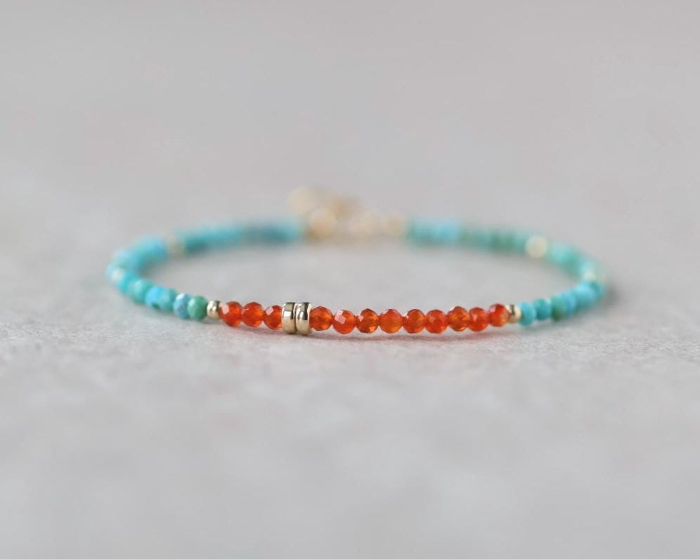 Tiny Turquoise Bracelet Dainty Carnelian Jewelry Minimalist Gold Filled December Birthstone Birthday Gift Valentines Wife Girlfriend Mom