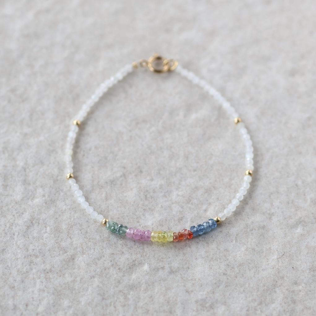 Tiny Multi Sapphire Bracelet Dainty White Moonstone Gemstone Beaded Bracelet Rainbow Jewelry Minimalist September Birthstone Birthday Gift