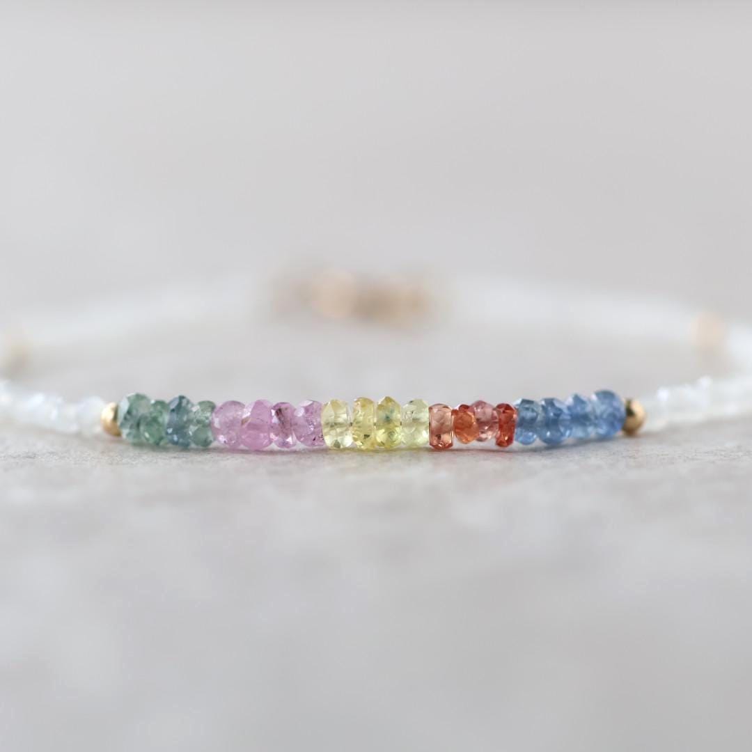 Tiny Multi Sapphire Bracelet Dainty White Moonstone Gemstone Beaded Bracelet Rainbow Jewelry Minimalist September Birthstone Birthday Gift