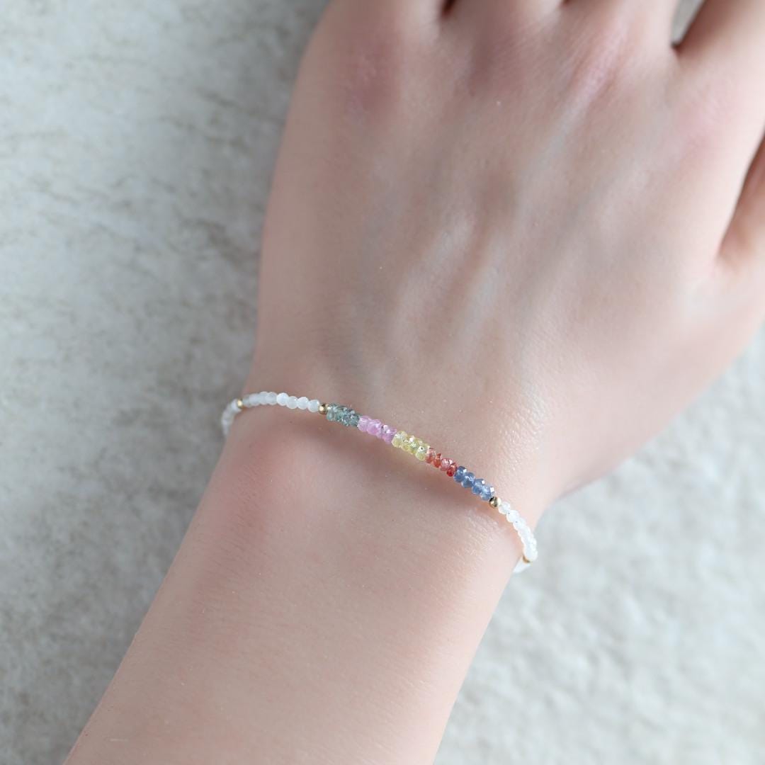 Tiny Multi Sapphire Bracelet Dainty White Moonstone Gemstone Beaded Bracelet Rainbow Jewelry Minimalist September Birthstone Birthday Gift