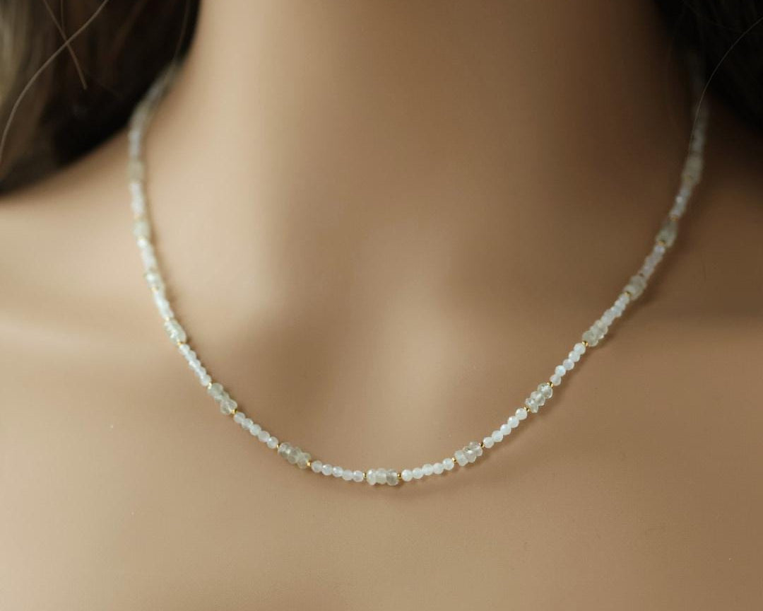 Tiny Moonstone Necklace Dainty Beaded White Choker Layering Gemstone Crystal Minimalist Jewelry Birthday Gift Women October Birthstone Wife