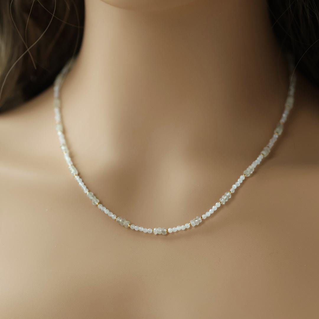 Tiny Moonstone Necklace Dainty Beaded White Choker Layering Gemstone Crystal Minimalist Jewelry Birthday Gift Women October Birthstone Wife