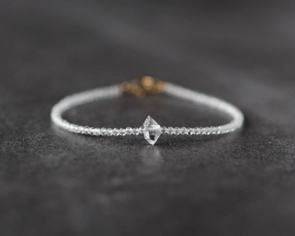Tiny Herkimer Diamond Bracelet Topaz Dainty Beaded Gemstone Bracelet Minimalist Jewelry April Birthstone Birthday Gift Mom Wife Bridesmaid
