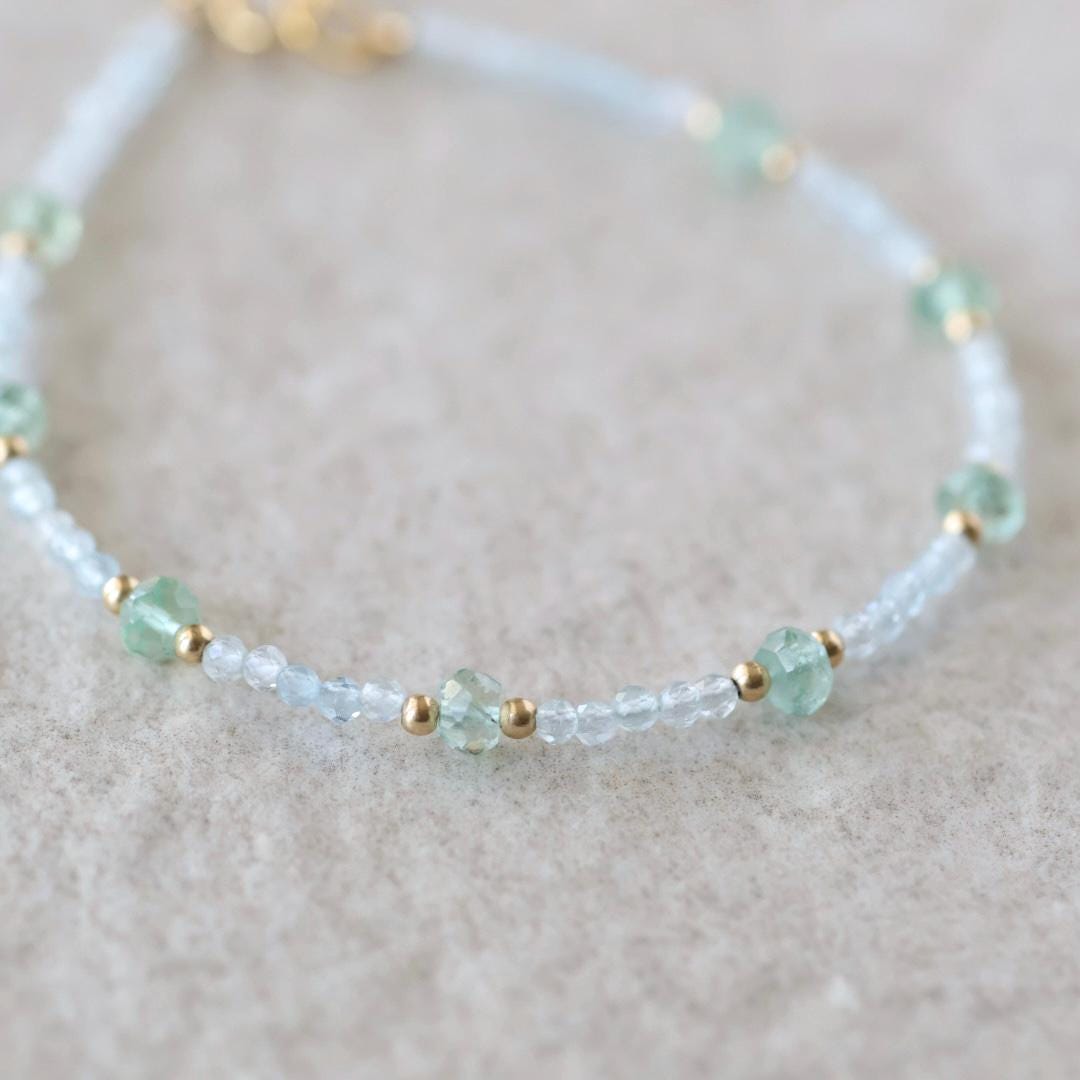 Tiny Moss Aquamarine Bracelet Dainty Gemstone Beaded Bracelet Blue Crystal Minimalist Jewelry March Birthstone Birthday Gift for Women