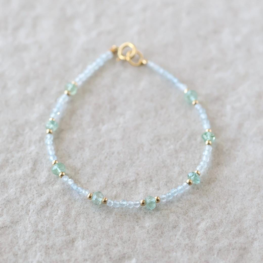 Tiny Moss Aquamarine Bracelet Dainty Gemstone Beaded Bracelet Blue Crystal Minimalist Jewelry March Birthstone Birthday Gift for Women