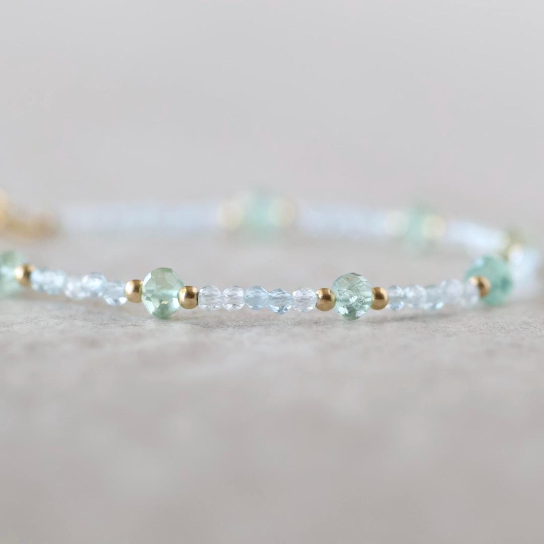 Tiny Moss Aquamarine Bracelet Dainty Gemstone Beaded Bracelet Blue Crystal Minimalist Jewelry March Birthstone Birthday Gift for Women