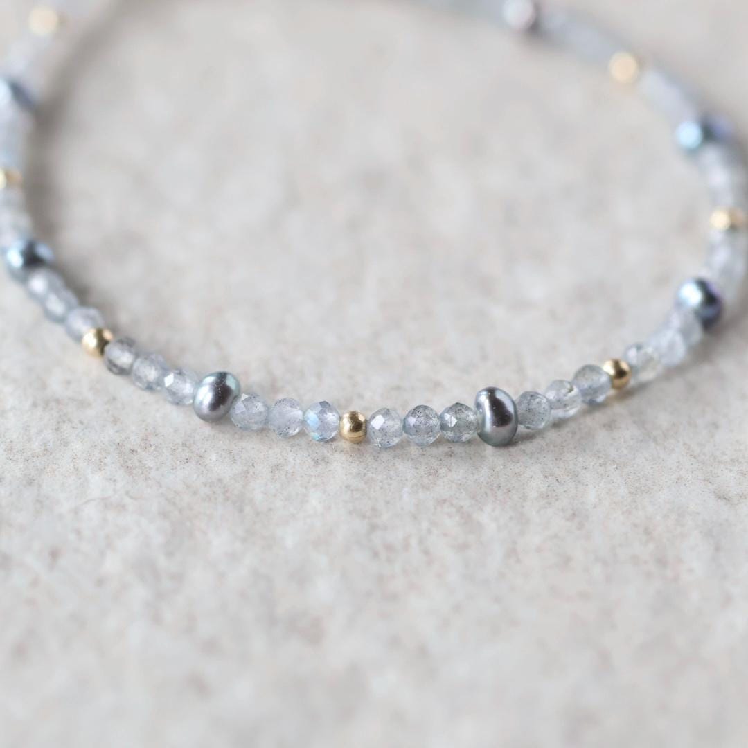 Dainty Labradorite Bracelet Peacock Pearl Gold Filled Gemstone Beaded Jewelry Minimalist Empath Protection Bracelet Healing Crystal Gift Mom