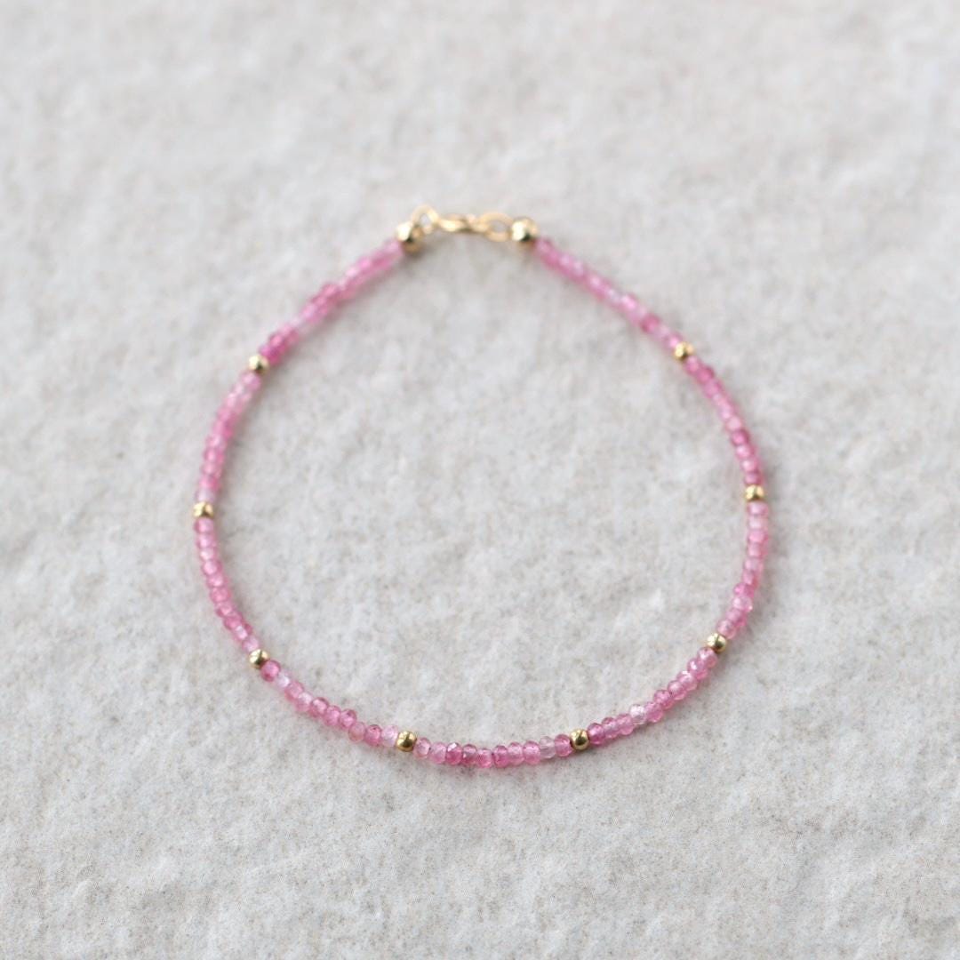 Tiny Pink Tourmaline Bracelet Dainty Gemstone Beaded Bracelet October Birthstone Pink Crystal Jewelry Minimalist Birthday Gift for Mom Wife