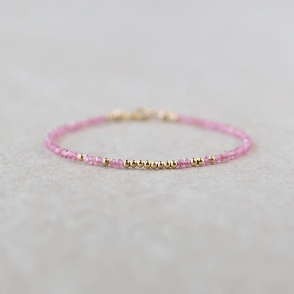 Tiny Pink Tourmaline Bracelet Dainty Gemstone Beaded Bracelet October Birthstone Pink Crystal Jewelry Minimalist Birthday Gift for Mom Wife