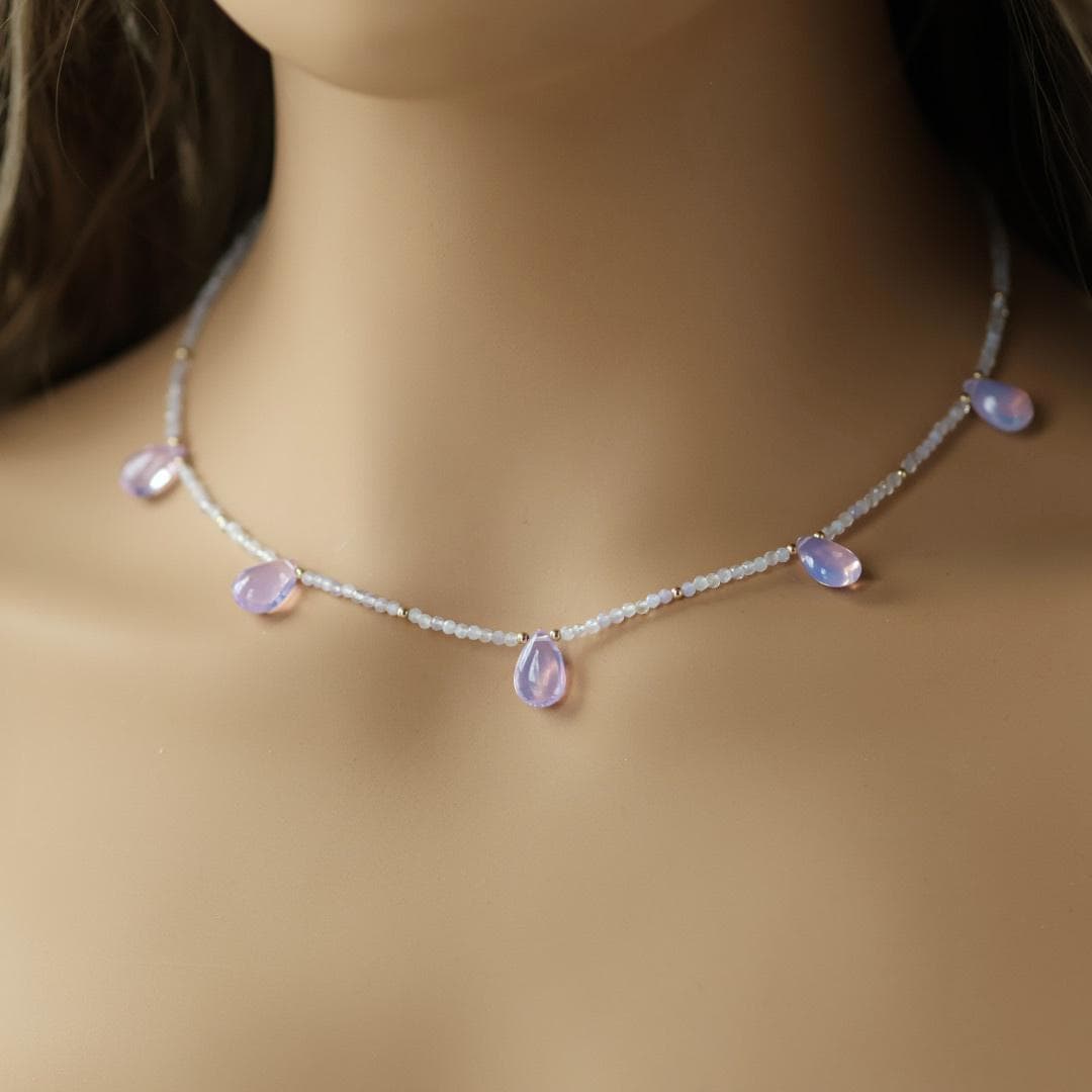 Lavender Quartz Necklace Dainty Opal Beaded Choker Layering Gemstone Crystal Minimalist Jewelry Birthday Gift Women October Birthstone Wife