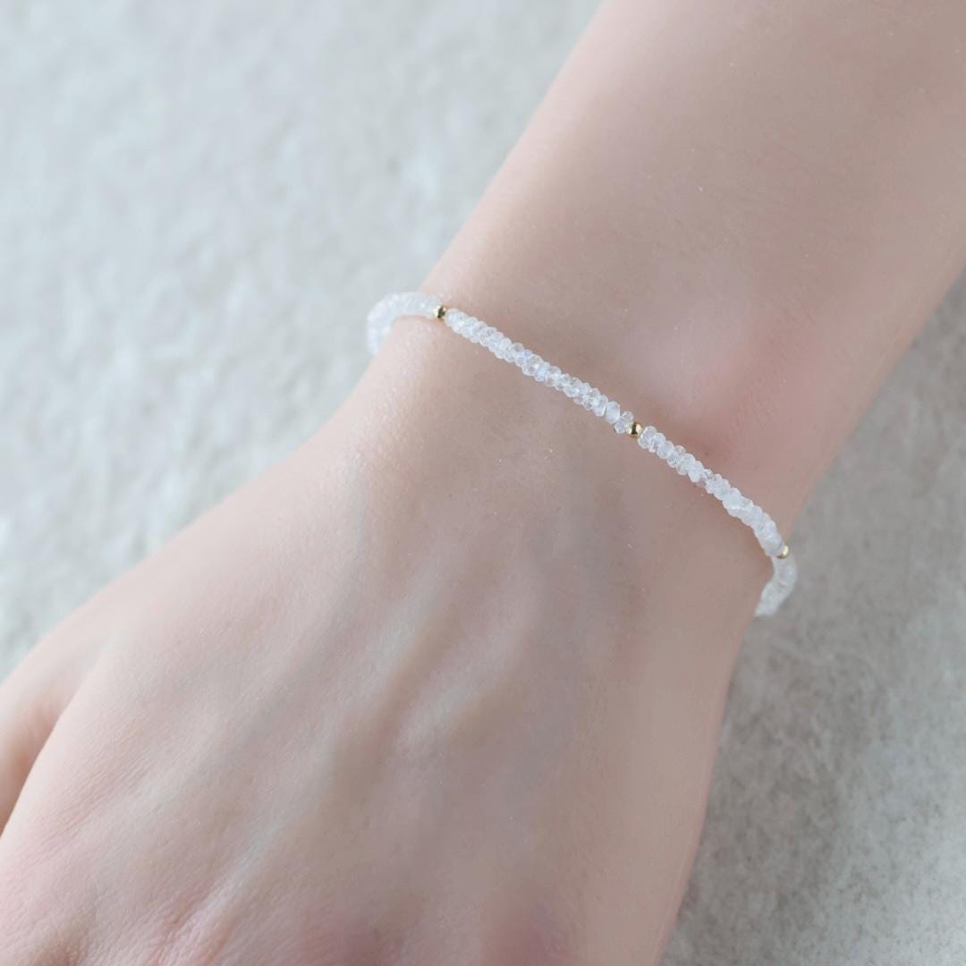 Tiny Rainbow Moonstone Bracelet Dainty Gemstone Beaded Bracelet Minimalist June Birthstone Sparkly Jewelry Gift for Women Bridesmaid Wife