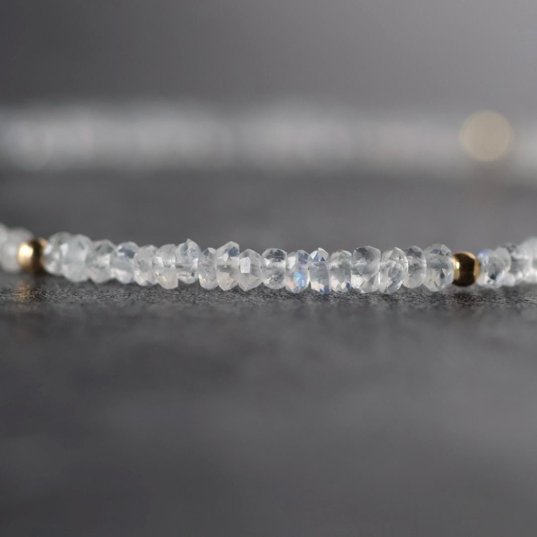 Tiny Rainbow Moonstone Bracelet Dainty Gemstone Beaded Bracelet Minimalist June Birthstone Sparkly Jewelry Gift for Women Bridesmaid Wife