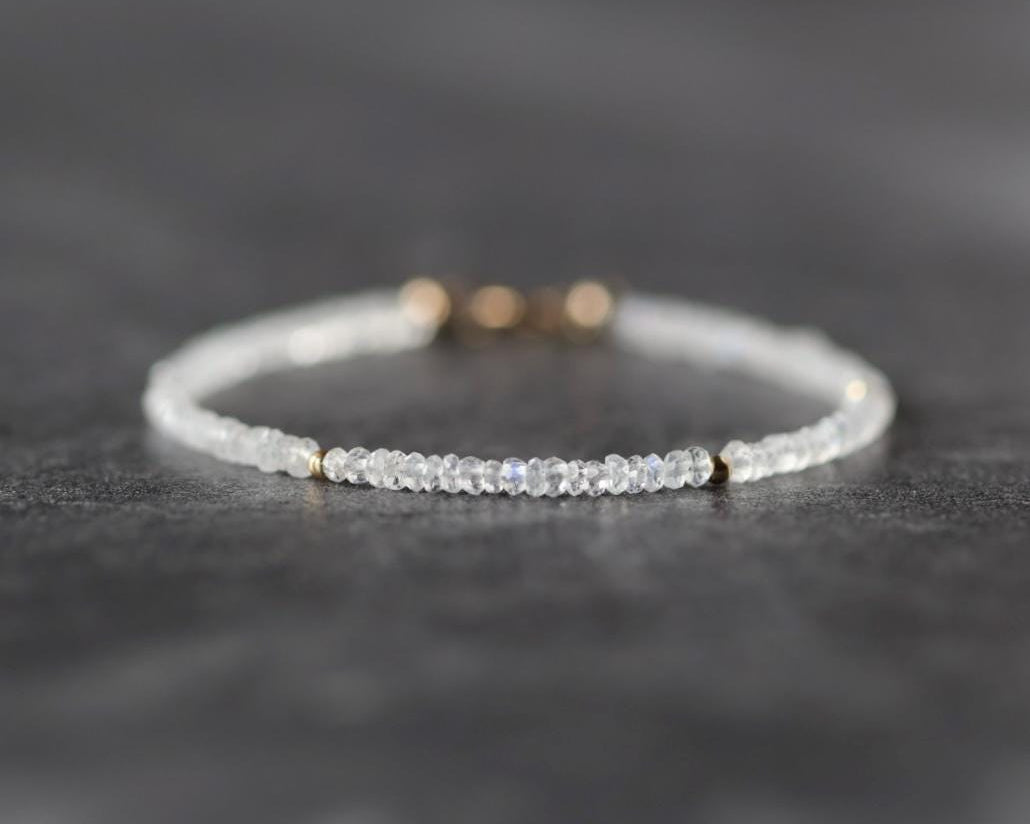 Tiny Rainbow Moonstone Bracelet Dainty Gemstone Beaded Bracelet Minimalist June Birthstone Sparkly Jewelry Gift for Women Bridesmaid Wife