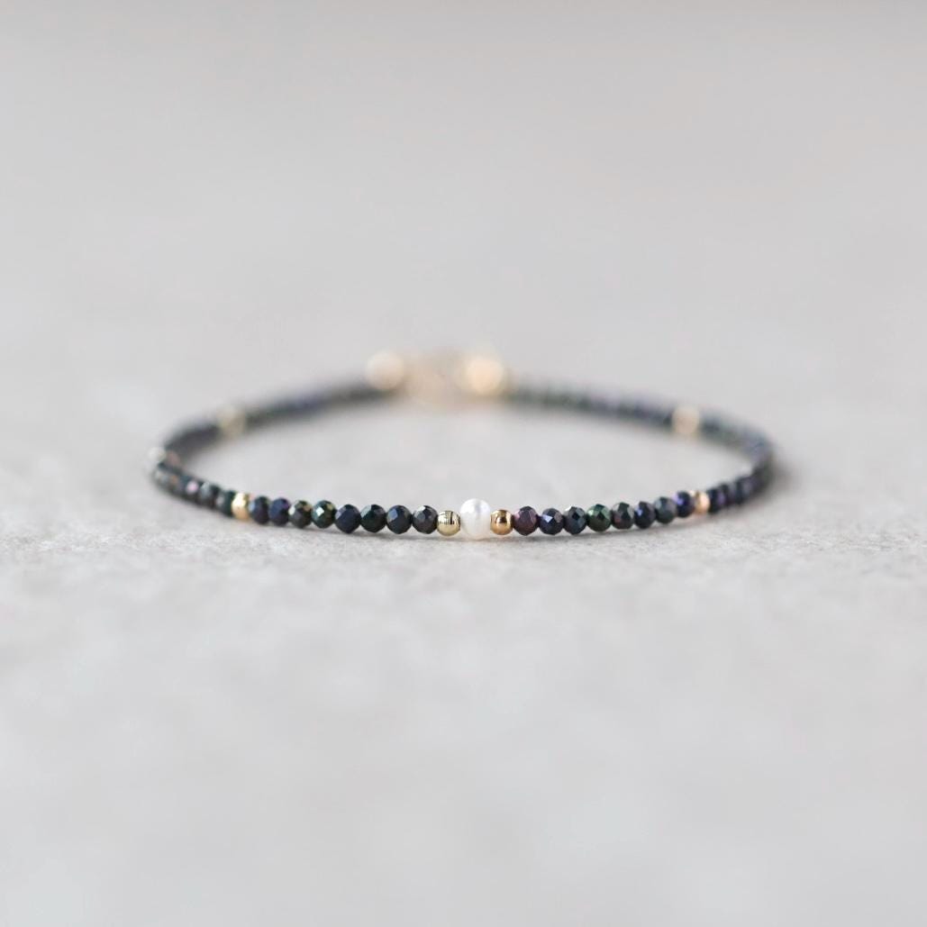 Tiny Mystic Black Spinel Bracelet Dainty Gemstone Beaded Bracelet Sparkly Black Crystal Jewelry Minimalist Birthday Gift Mom Wife Sister