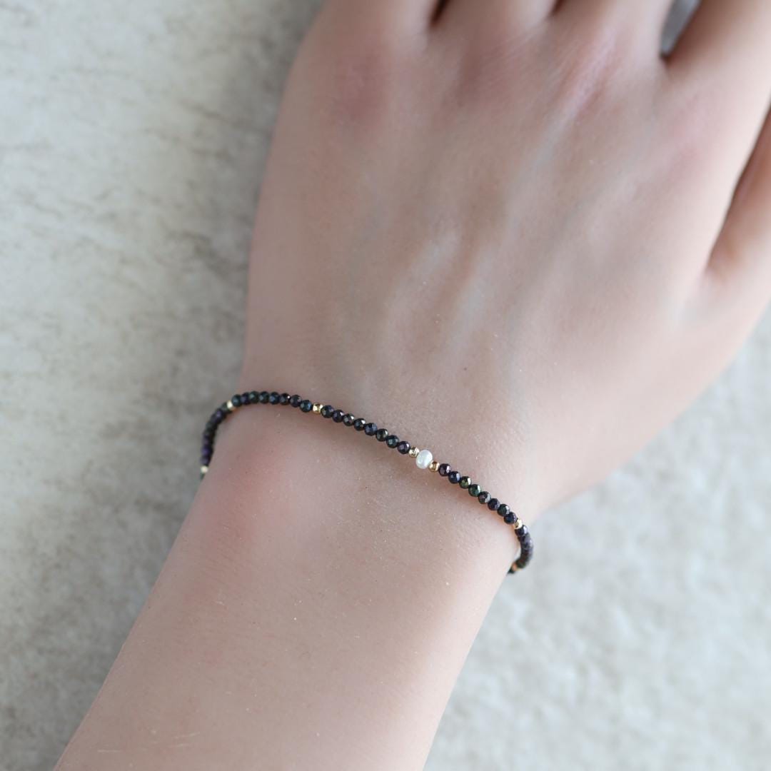 Tiny Mystic Black Spinel Bracelet Dainty Gemstone Beaded Bracelet Sparkly Black Crystal Jewelry Minimalist Birthday Gift Mom Wife Sister