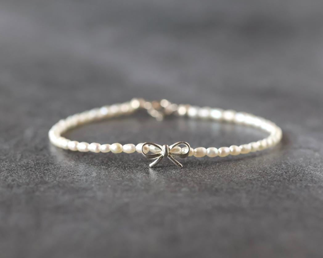 Natural Pearl Bracelet with Silver Bow Charm