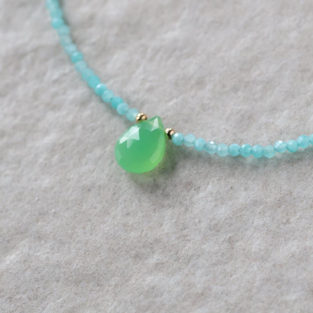 Tiny Amazonite Beaded Necklace with Chalcedony Drop