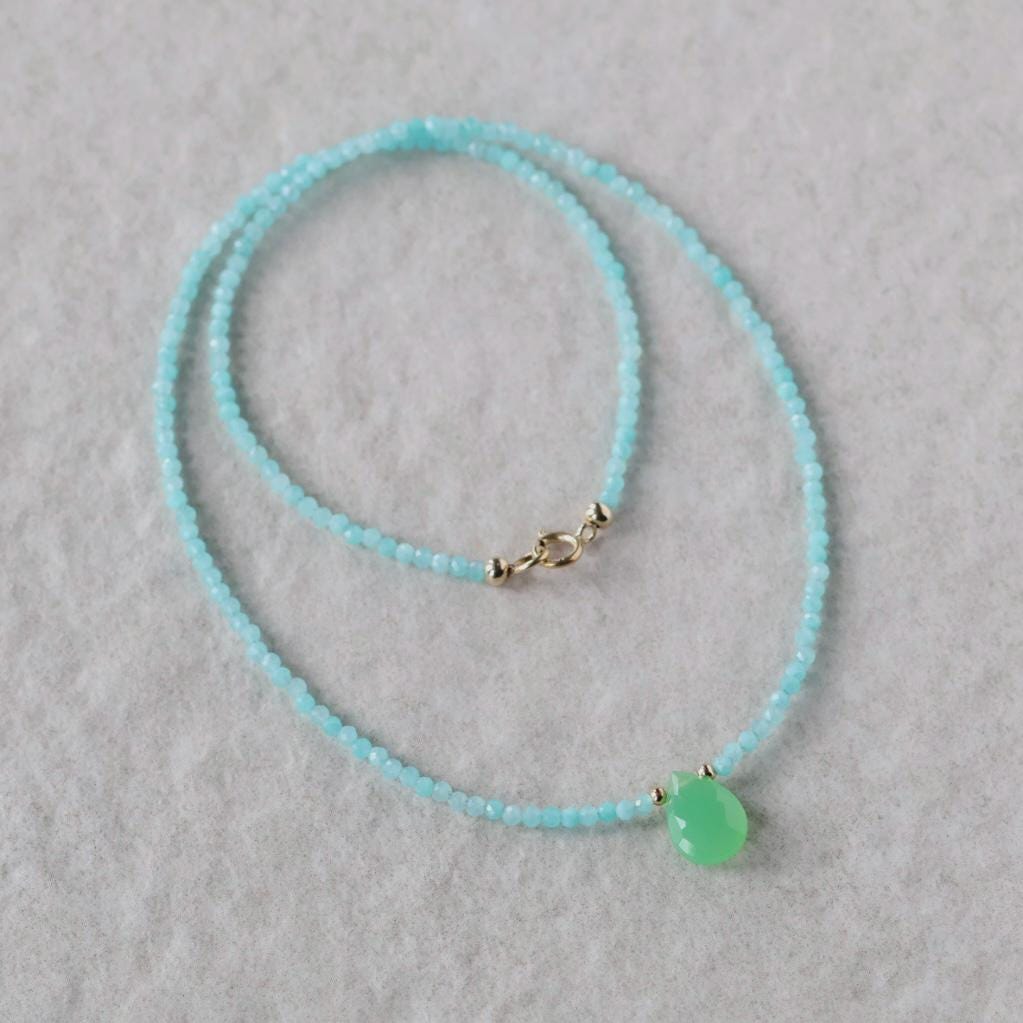 Tiny Amazonite Beaded Necklace with Chalcedony Drop