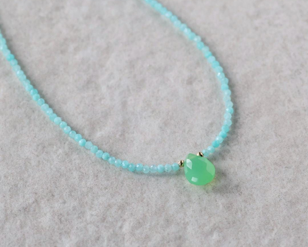 Tiny Amazonite Beaded Necklace with Chalcedony Drop