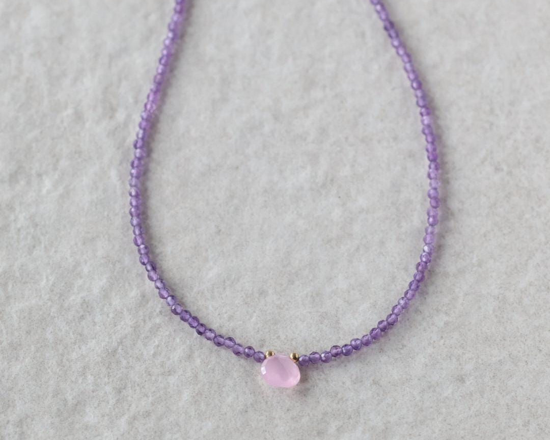 Tiny Amethyst Beaded Necklace Dainty Amethyst Choker Purple Crystal Necklace Minimalist Jewelry Birthday Gift February Birthstone Wife Mom