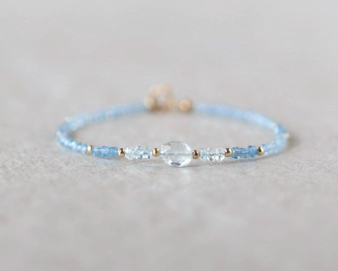 Tiny Aquamarine Bracelet Dainty Gold Filled Gemstone Beaded Bracelet Blue Crystal Jewelry Minimalist March Birthstone Bridesmaid Gift Idea