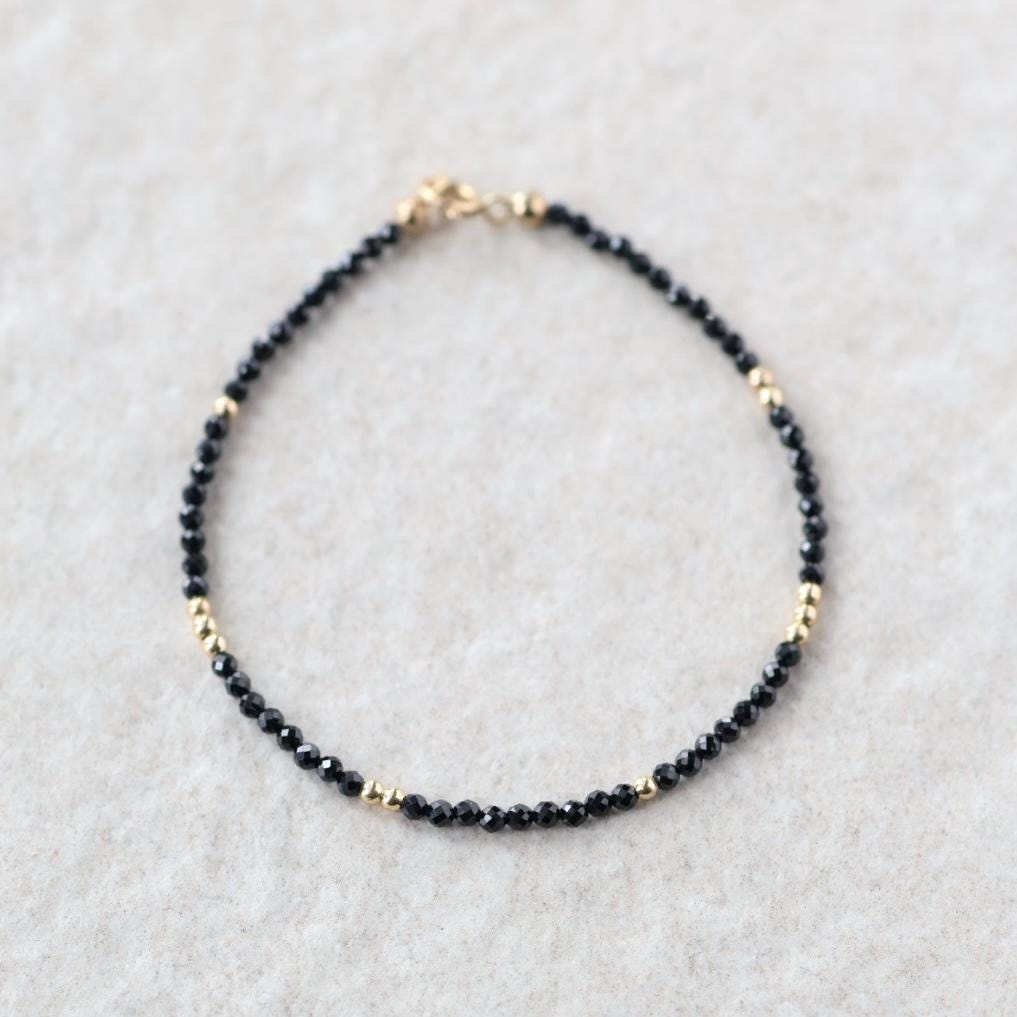 Tiny Black Spinel Bracelet Dainty Gemstone Beaded Bracelet Sparkly Black Crystal Jewelry Minimalist Birthday Gift Mom Wife Sister Christmas