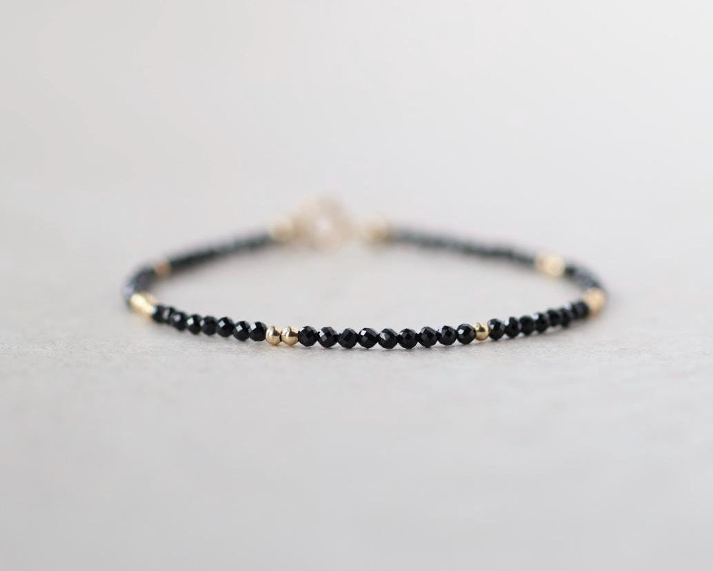 Tiny Black Spinel Bracelet Dainty Gemstone Beaded Bracelet Sparkly Black Crystal Jewelry Minimalist Birthday Gift Mom Wife Sister Christmas